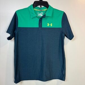 Under Armour Golf Polo Shirt Boys Large HeatGear Green Yellow Logo Performance